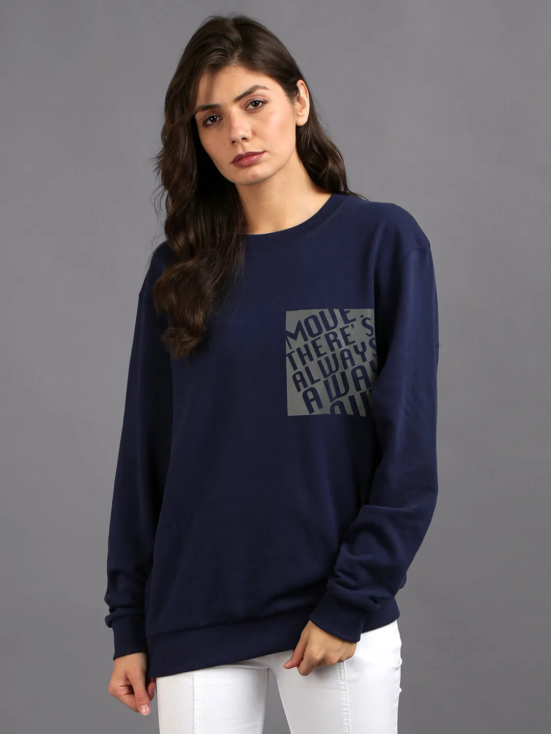 Women Navy Blue Printed Cotton Pullover Sweatshirt