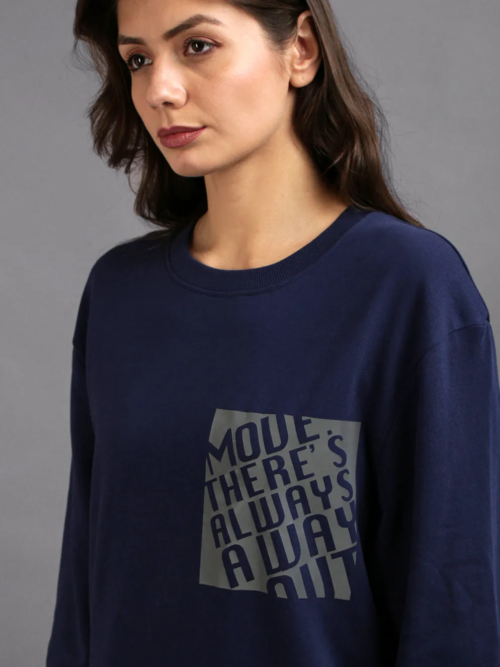 Women Navy Blue Printed Cotton Pullover Sweatshirt