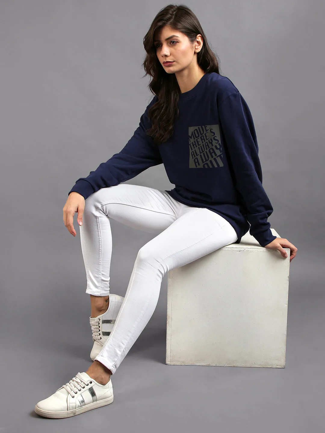 Women Navy Blue Printed Cotton Pullover Sweatshirt