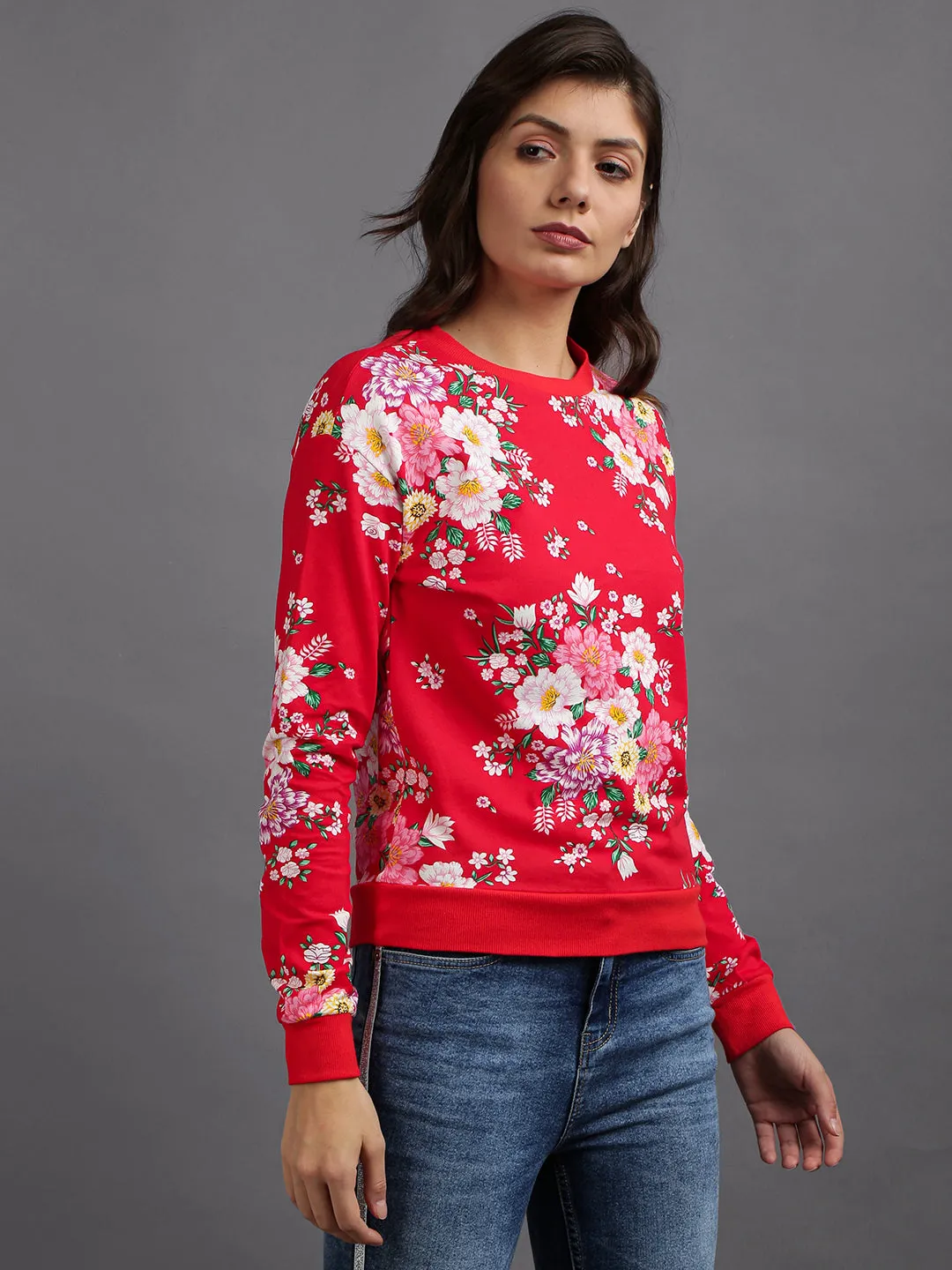 Women Red Cotton Flower Print Pullover Sweatshirt