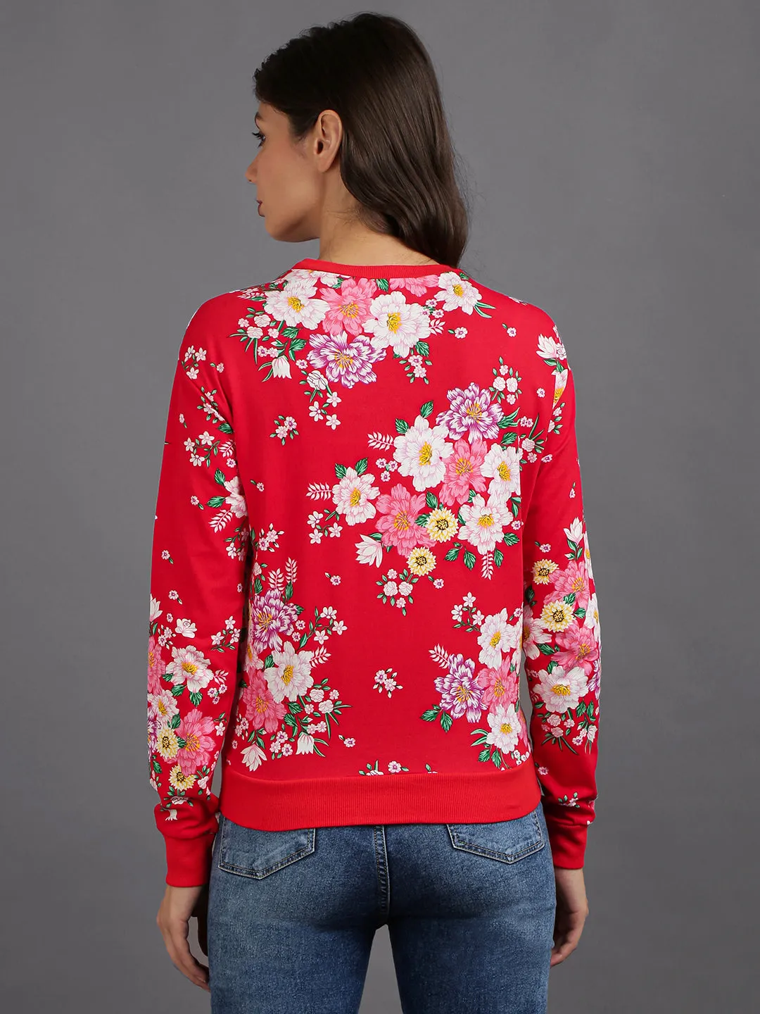 Women Red Cotton Flower Print Pullover Sweatshirt