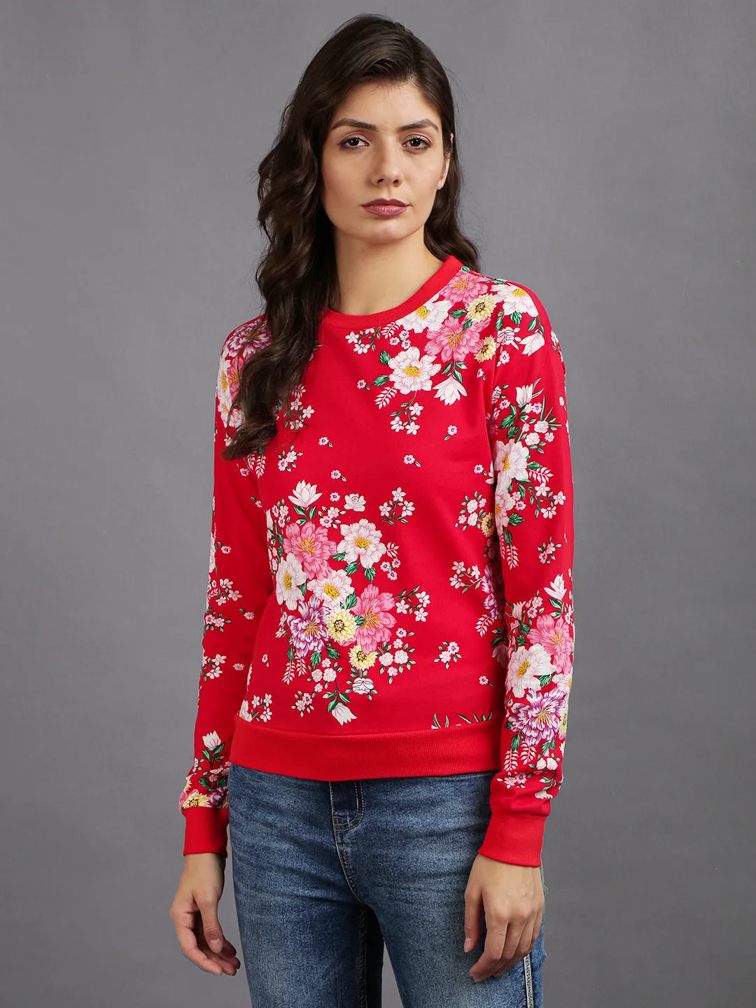 Women Red Cotton Flower Print Pullover Sweatshirt