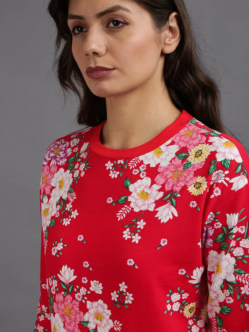 Women Red Cotton Flower Print Pullover Sweatshirt