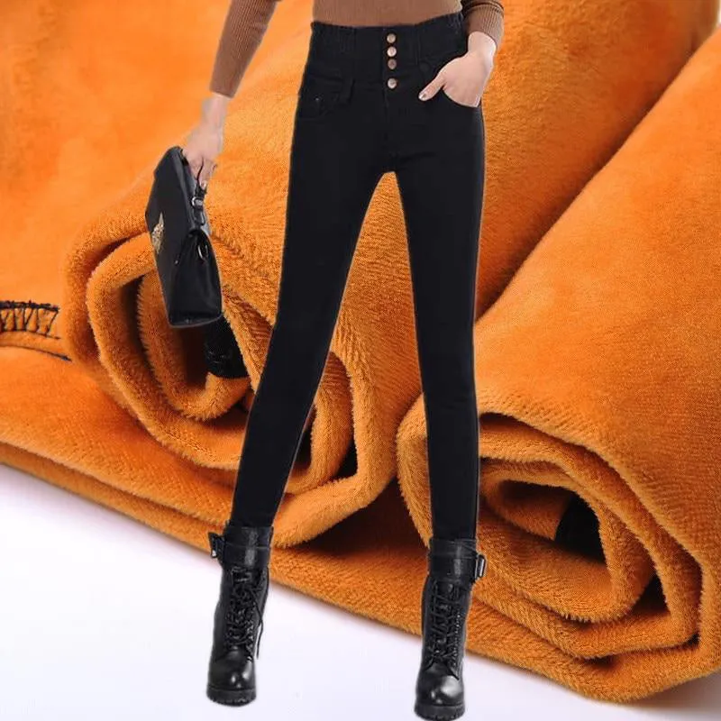 Women Winter Jeans Skinny Pants Fleece Elastic Waist Jeggings