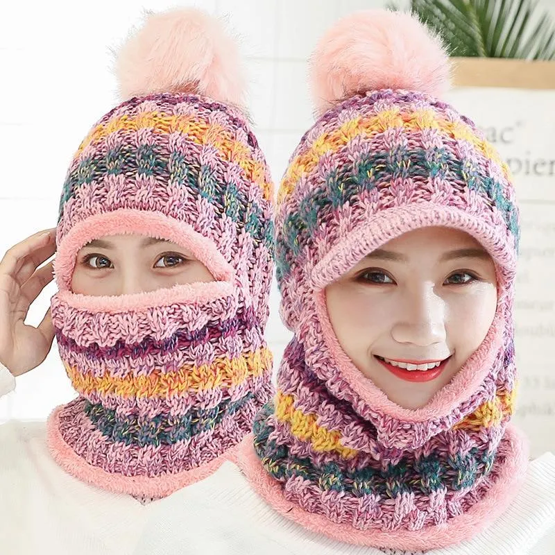 Women Winter Warm Knitted Beanie Pompom Hat Scarf Sets