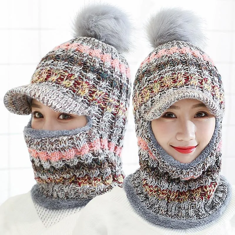 Women Winter Warm Knitted Beanie Pompom Hat Scarf Sets