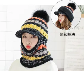 Women Winter Warm Knitted Beanie Pompom Hat Scarf Sets