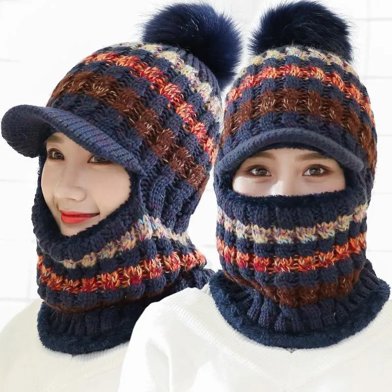 Women Winter Warm Knitted Beanie Pompom Hat Scarf Sets