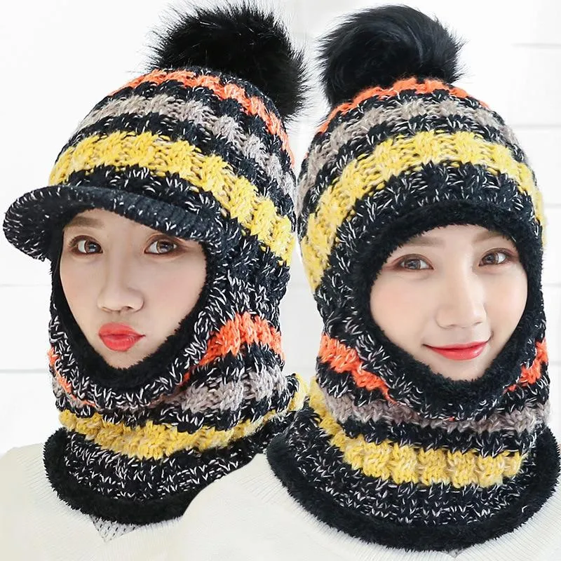 Women Winter Warm Knitted Beanie Pompom Hat Scarf Sets