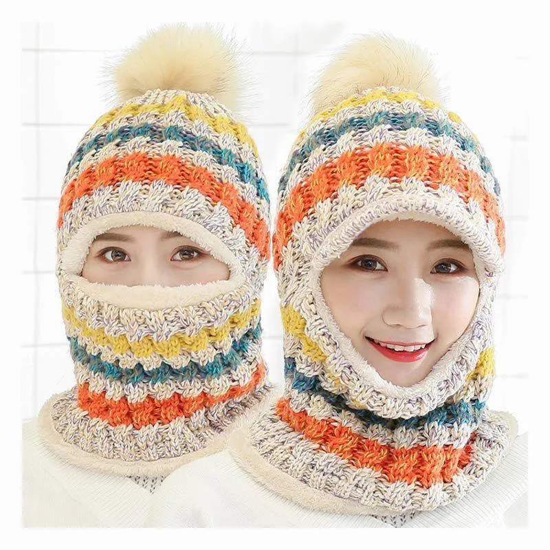 Women Winter Warm Knitted Beanie Pompom Hat Scarf Sets