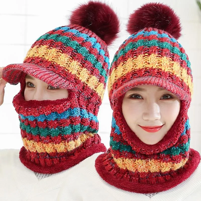 Women Winter Warm Knitted Beanie Pompom Hat Scarf Sets