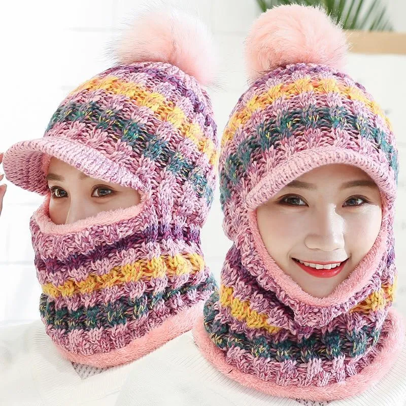 Women Winter Warm Knitted Beanie Pompom Hat Scarf Sets