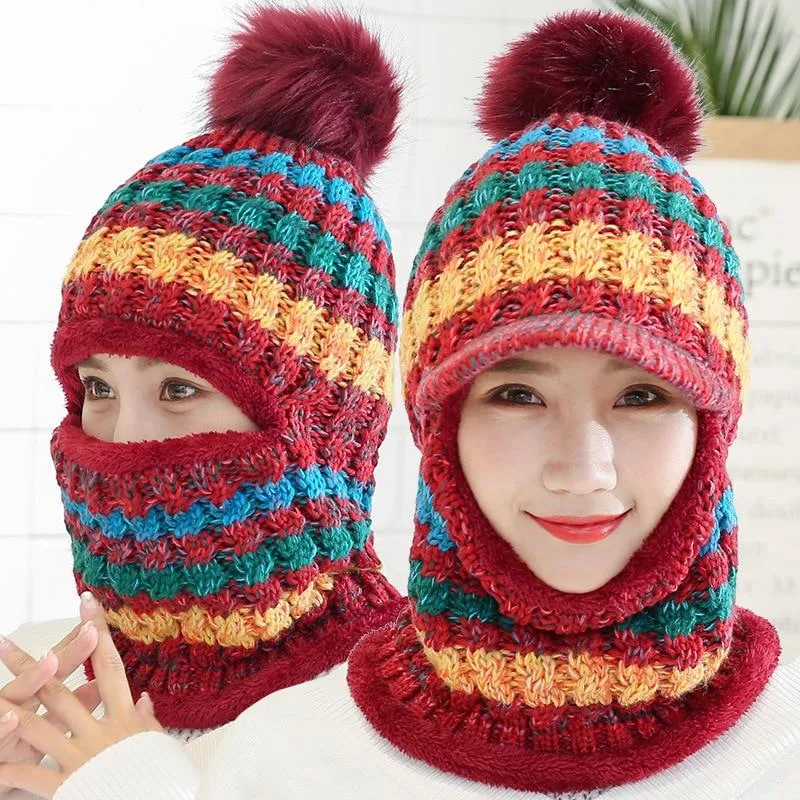 Women Winter Warm Knitted Beanie Pompom Hat Scarf Sets