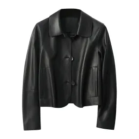 Women’s Black Genuine Sheepskin Shirt Collar Cropped Fashion Classic Style Lightweight Smooth Leather Jacket