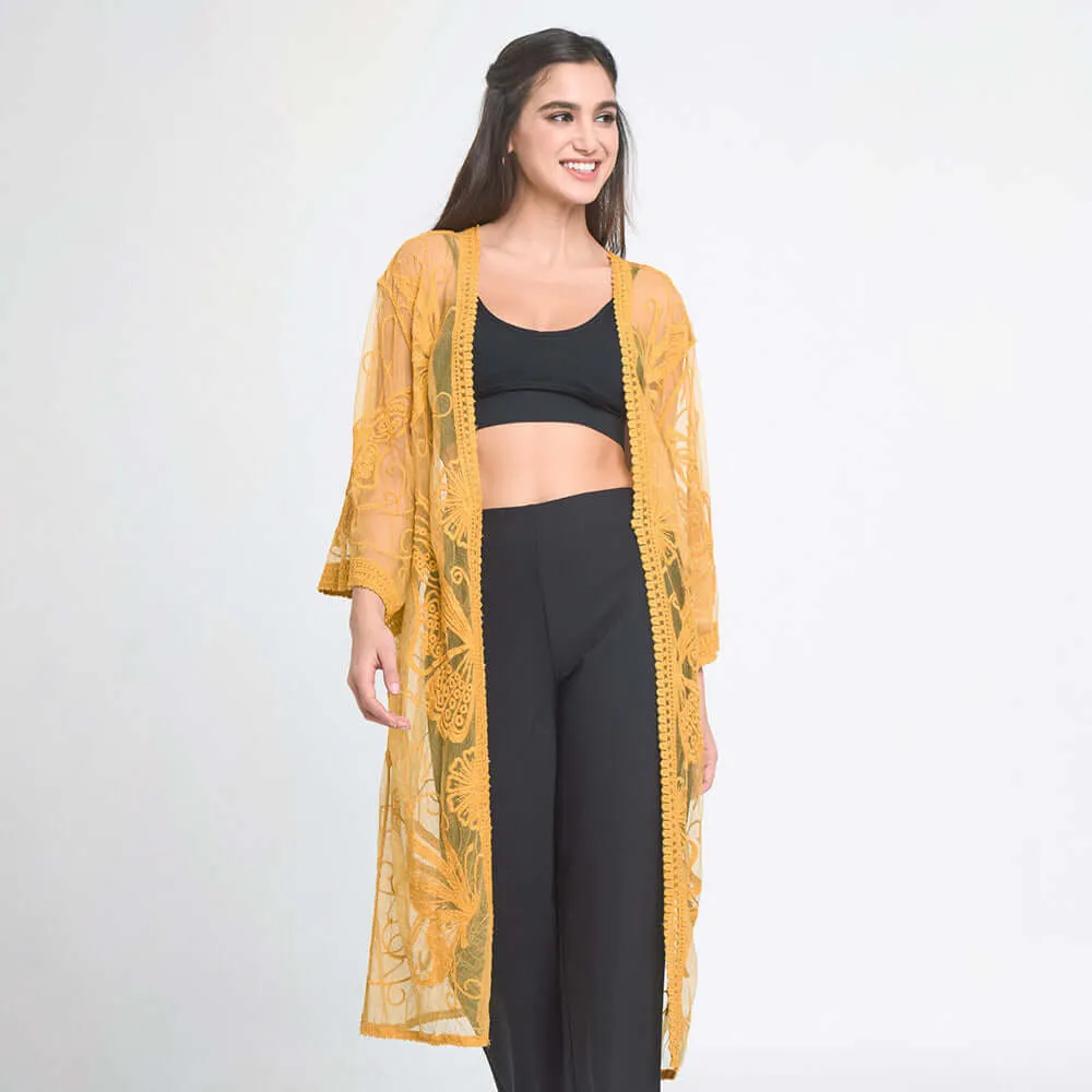 Yellow Mustard Butterfly Lace Cover Up Kimono Poncho