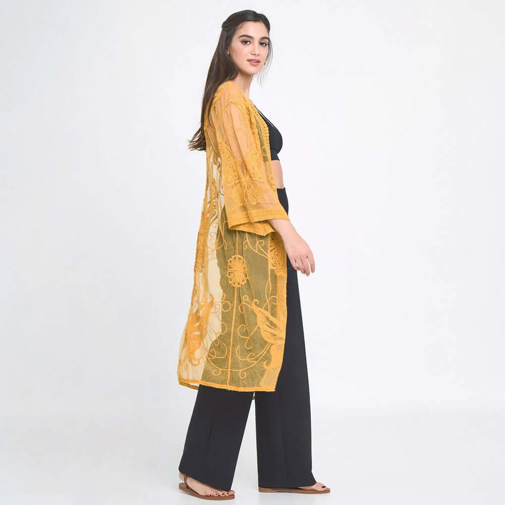 Yellow Mustard Butterfly Lace Cover Up Kimono Poncho